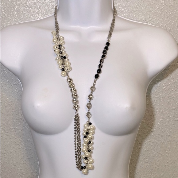 White House Black Market Silver Tone Cream and Black Asymmetrical Necklace - Picture 9 of 9